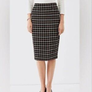 J. Jill Ponte Pencil Skirt Black White & Gold Plaid Houndstooth Print Size Small